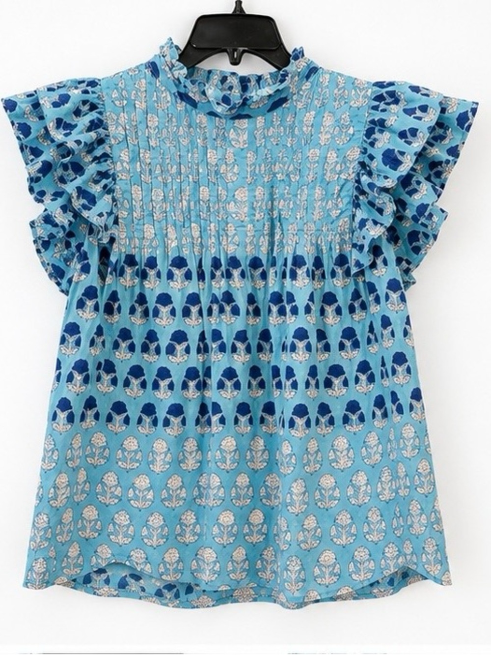 Oliphant Laguna Blue Pintuck Ruffle Top Blouse XL Floral Block 100% cotton